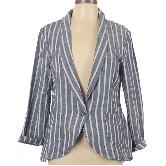 Anthropologie Sanctuary Linen Comfy Soft Chambray White Striped Blazer Small - Picture 1 of 9